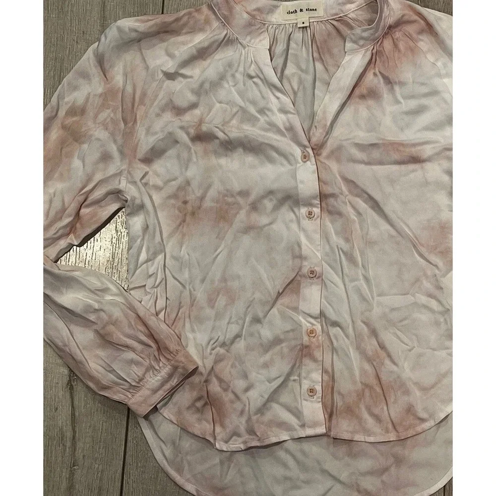 Cloth & Stone Blouse Women Small Pink White Tie Dye EcoVero Button Up Boho Flowy